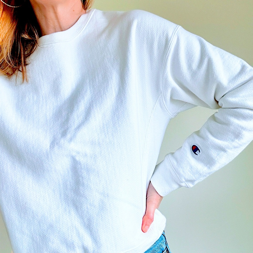 Vintage Champion, reverse weave, cotton poly crewneck, white, size medium small